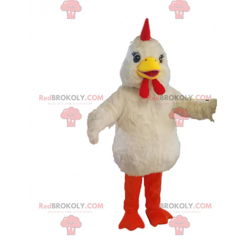 Very playful white chicken mascot, with pretty eyes -
