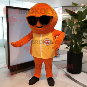 Orange Pizza mascot costume character dressed with a Cardigan and Sunglasses