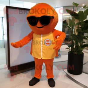 Orange Pizza mascot costume character dressed with a Cardigan and Sunglasses