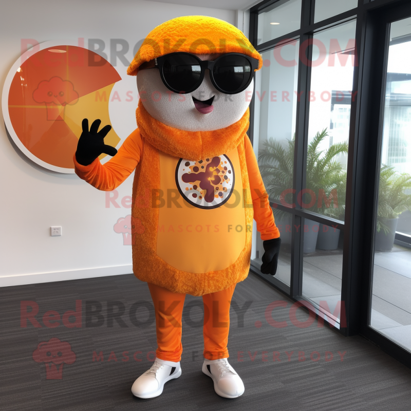 Orange Pizza mascot costume character dressed with a Cardigan and Sunglasses