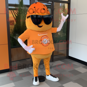 Orange Pizza mascot costume character dressed with a Cardigan and Sunglasses