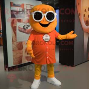 Orange Pizza mascot costume character dressed with a Cardigan and Sunglasses