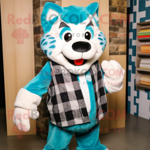 Teal Bobcat mascot costume character dressed with a Flannel Shirt and Scarves
