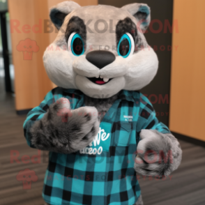 Teal Bobcat mascot costume character dressed with a Flannel Shirt and Scarves