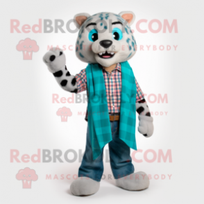 Teal Bobcat mascot costume character dressed with a Flannel Shirt and Scarves