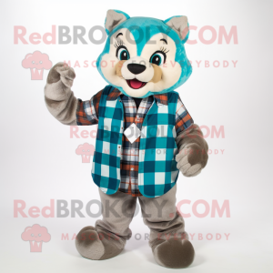 Teal Bobcat mascot costume character dressed with a Flannel Shirt and Scarves