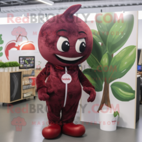 Maroon Cherry mascot costume character dressed with a Playsuit and Wraps