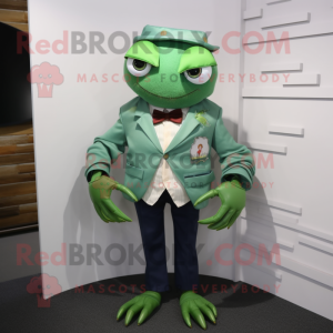 Green Crab mascot costume character dressed with a Vest and Tie pins