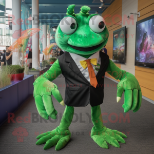 Green Crab mascot costume character dressed with a Vest and Tie pins