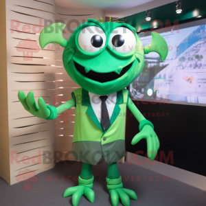 Green Crab mascot costume character dressed with a Vest and Tie pins