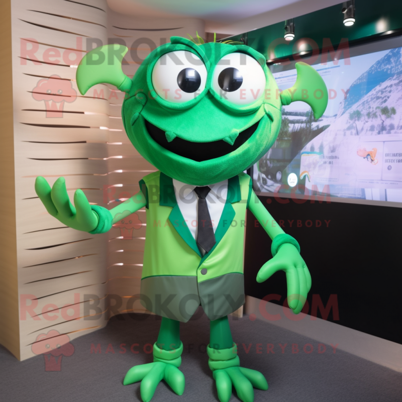 Green Crab mascot costume character dressed with a Vest and Tie pins