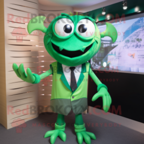 Green Crab mascot costume character dressed with a Vest and Tie pins