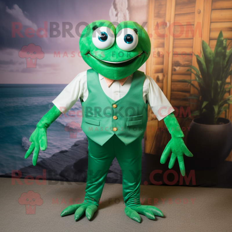 Green Crab mascot costume character dressed with a Vest and Tie pins