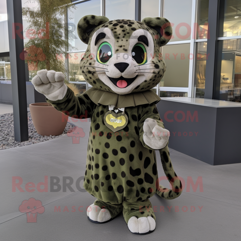 Olive Leopard mascot costume character dressed with a A-Line Skirt and Mittens