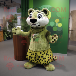 Olive Leopard mascot costume character dressed with a A-Line Skirt and Mittens