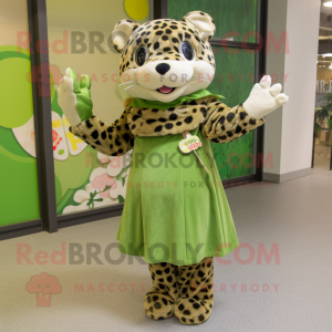 Olive Leopard mascot costume character dressed with a A-Line Skirt and Mittens