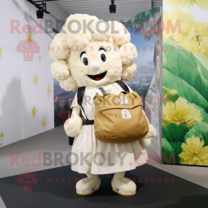 Cream Cauliflower mascot costume character dressed with a Maxi Skirt and Backpacks
