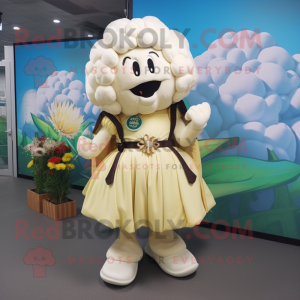 Cream Cauliflower mascot costume character dressed with a Maxi Skirt and Backpacks
