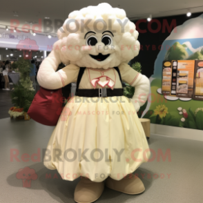 Cream Cauliflower mascot costume character dressed with a Maxi Skirt and Backpacks