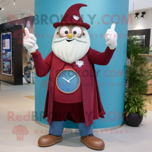 Maroon Wizard mascot costume character dressed with a Boyfriend Jeans and Digital watches