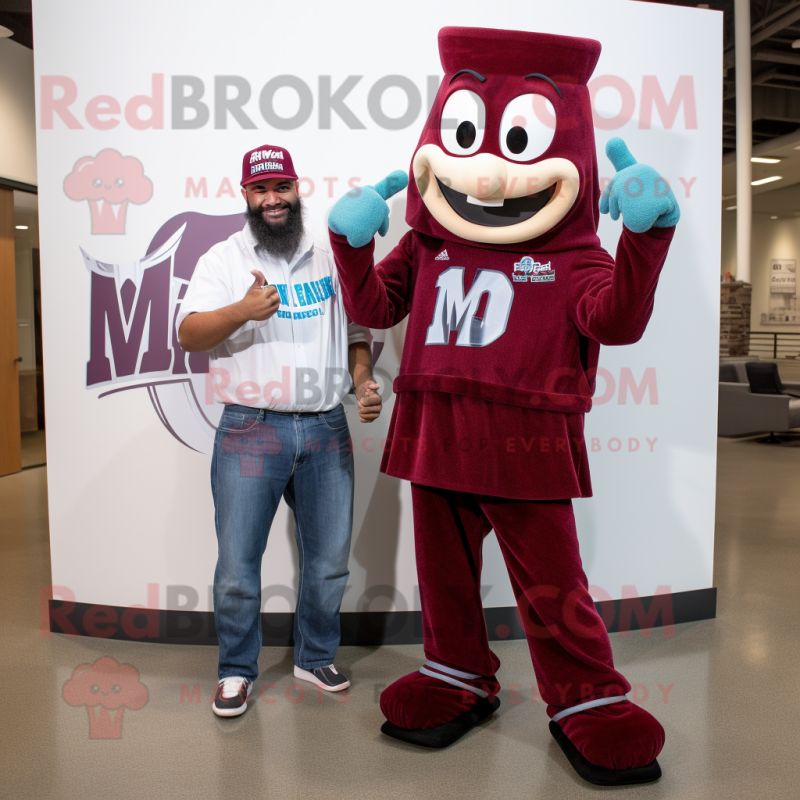 Maroon Wizard mascot costume character dressed with a Boyfriend Jeans and Digital watches Maroon Wizard mascot costume character dressed with a Boyfriend Jeans and Digital watches