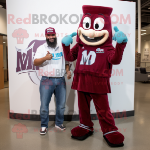 Maroon Wizard mascot costume character dressed with a Boyfriend Jeans and Digital watches