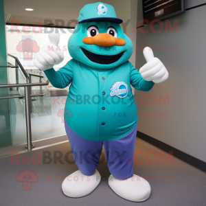 Teal Baseball Glove mascot costume character dressed with a Swimwear and Beanies