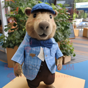 nan Capybara mascot costume character dressed with a Denim Shirt and Bow ties