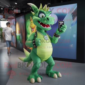 Green Dragon mascot costume character dressed with a Jeans and Digital watches