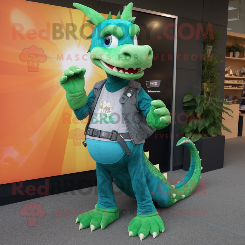 Green Dragon mascot costume character dressed with a Jeans and Digital watches