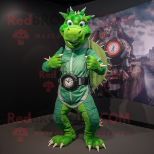 Green Dragon mascot costume character dressed with a Jeans and Digital watches