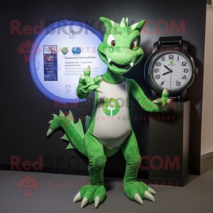 Green Dragon mascot costume character dressed with a Jeans and Digital watches