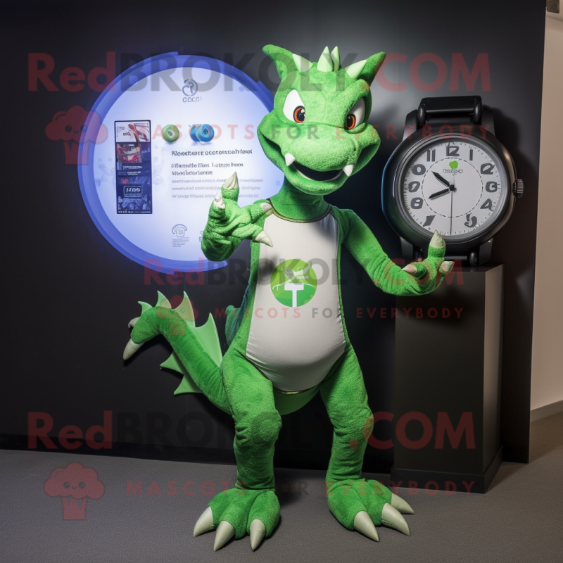 Green Dragon mascot costume character dressed with a Jeans and Digital watches