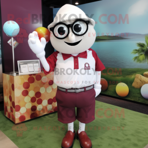 Maroon Golf Ball mascot costume character dressed with a Button-Up Shirt and Eyeglasses