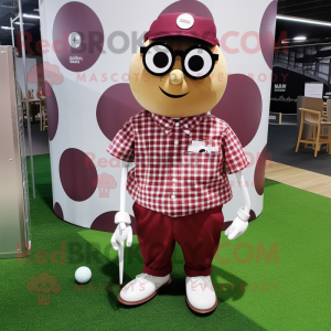 Maroon Golf Ball mascot costume character dressed with a Button-Up Shirt and Eyeglasses