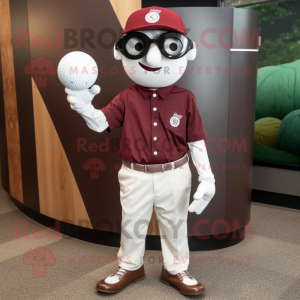 Maroon Golf Ball mascot costume character dressed with a Button-Up Shirt and Eyeglasses
