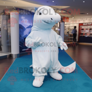 Silver Beluga Whale mascot costume character dressed with a Coat and Shoe laces