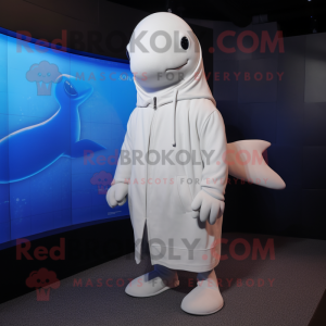 Silver Beluga Whale mascot costume character dressed with a Coat and Shoe laces
