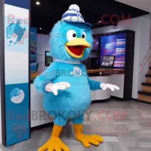 Sky Blue Chicken mascot costume character dressed with a Rash Guard and Beanies