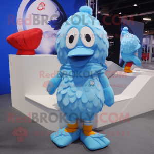 Sky Blue Chicken mascot costume character dressed with a Rash Guard and Beanies