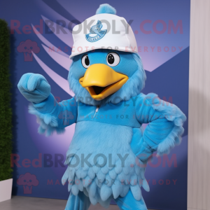 Sky Blue Chicken mascot costume character dressed with a Rash Guard and Beanies