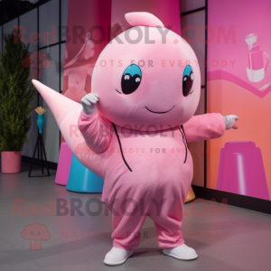 Pink Narwhal mascot costume character dressed with a Culottes and Suspenders