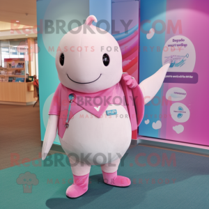 Pink Narwhal mascot costume character dressed with a Culottes and Suspenders