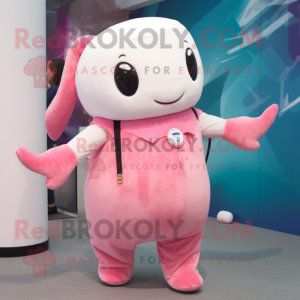 Pink Narwhal mascot costume character dressed with a Culottes and Suspenders