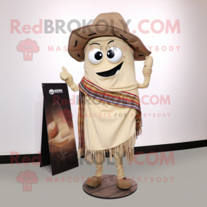 Beige Fajitas mascot costume character dressed with a Flannel Shirt and Shawl pins