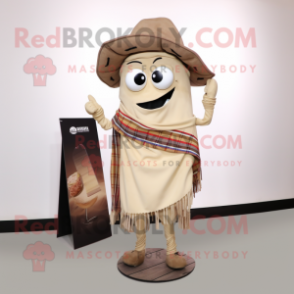 Beige Fajitas mascot costume character dressed with a Flannel Shirt and Shawl pins