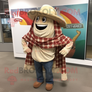 Beige Fajitas mascot costume character dressed with a Flannel Shirt and Shawl pins