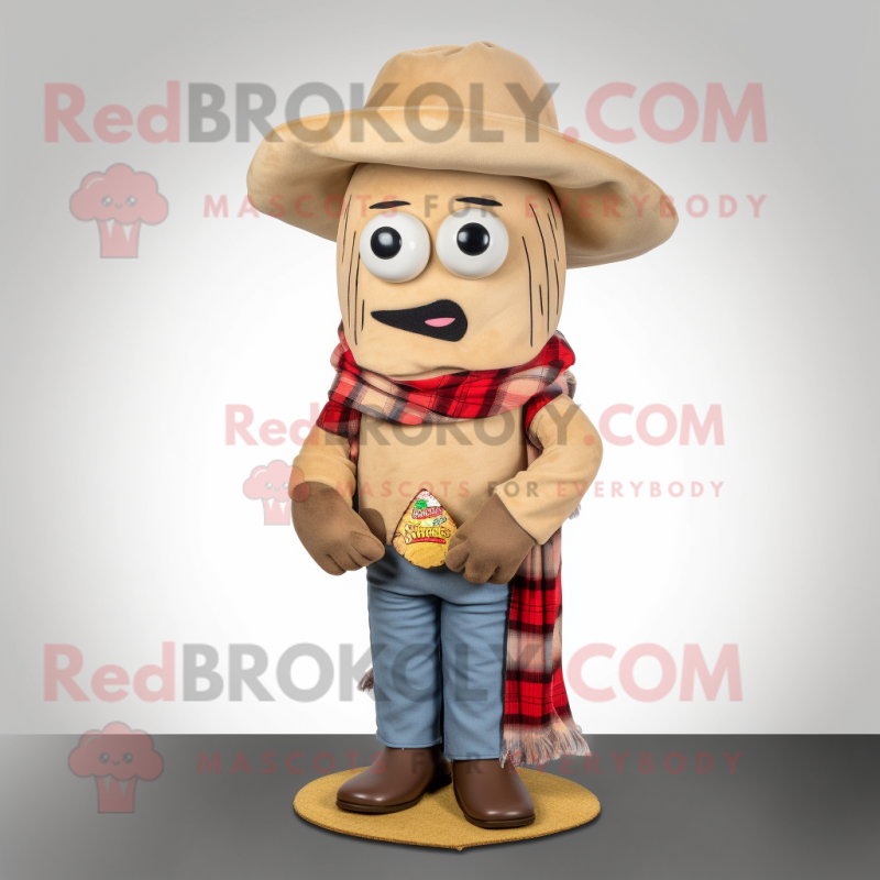 Beige Fajitas mascot costume character dressed with a Flannel Shirt and Shawl pins Beige Fajitas mascot costume character dressed with a Flannel Shirt and Shawl pins