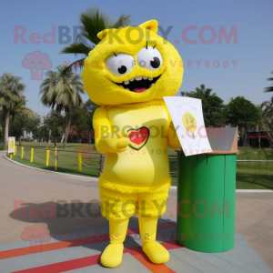 Lemon Yellow Love Letter mascot costume character dressed with a Rash Guard and Hair clips