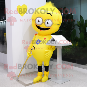 Lemon Yellow Love Letter mascot costume character dressed with a Rash Guard and Hair clips